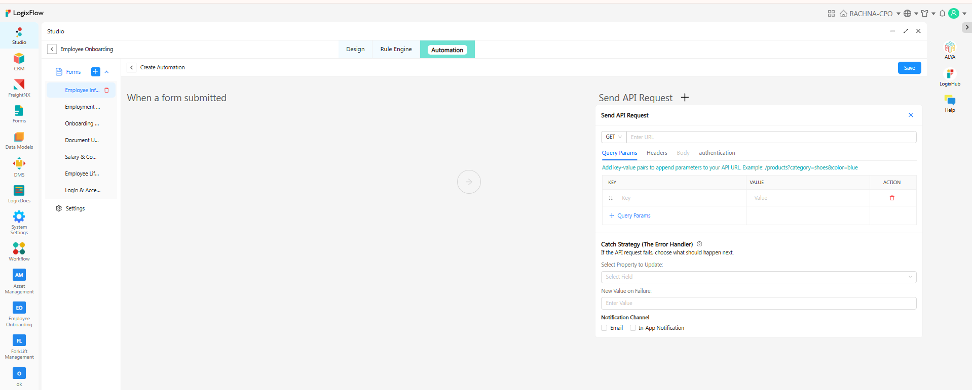 API Request configuration panel in LogixFlow showing API Key, Bearer Token, and OAuth2 authentication options