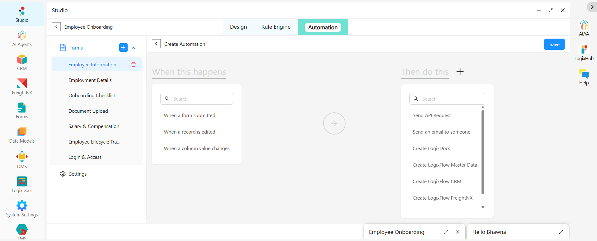 Automation builder in LogixFlow Studio with a When this happens trigger list and a Then do this action list including send an email and create LogixDocs