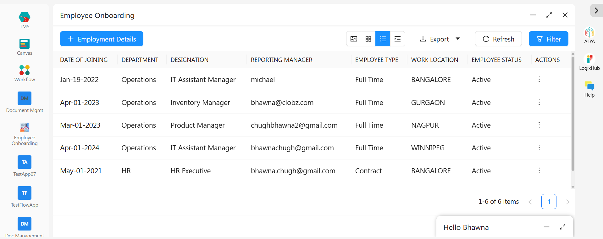 Employee Onboarding app dashboard in LogixFlow showing new hire records and onboarding status