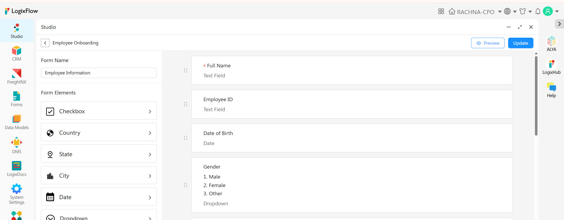 Design tab of LogixFlow Studio with the Employment Details form open for editing