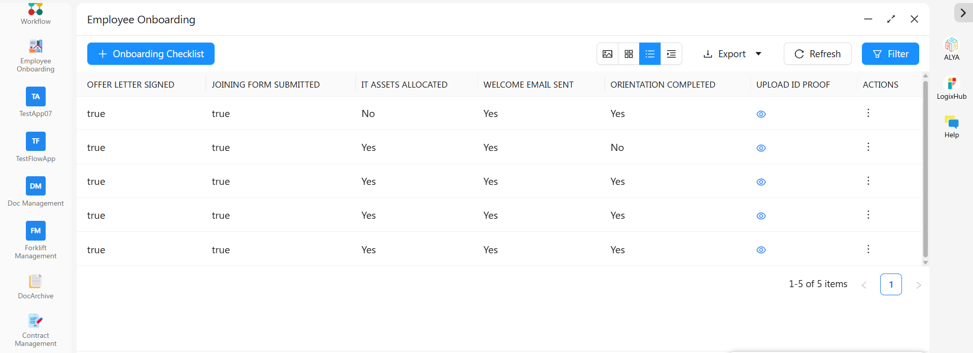 Onboarding Checklist form showing tasks such as laptop handover and policy acknowledgment with completion status