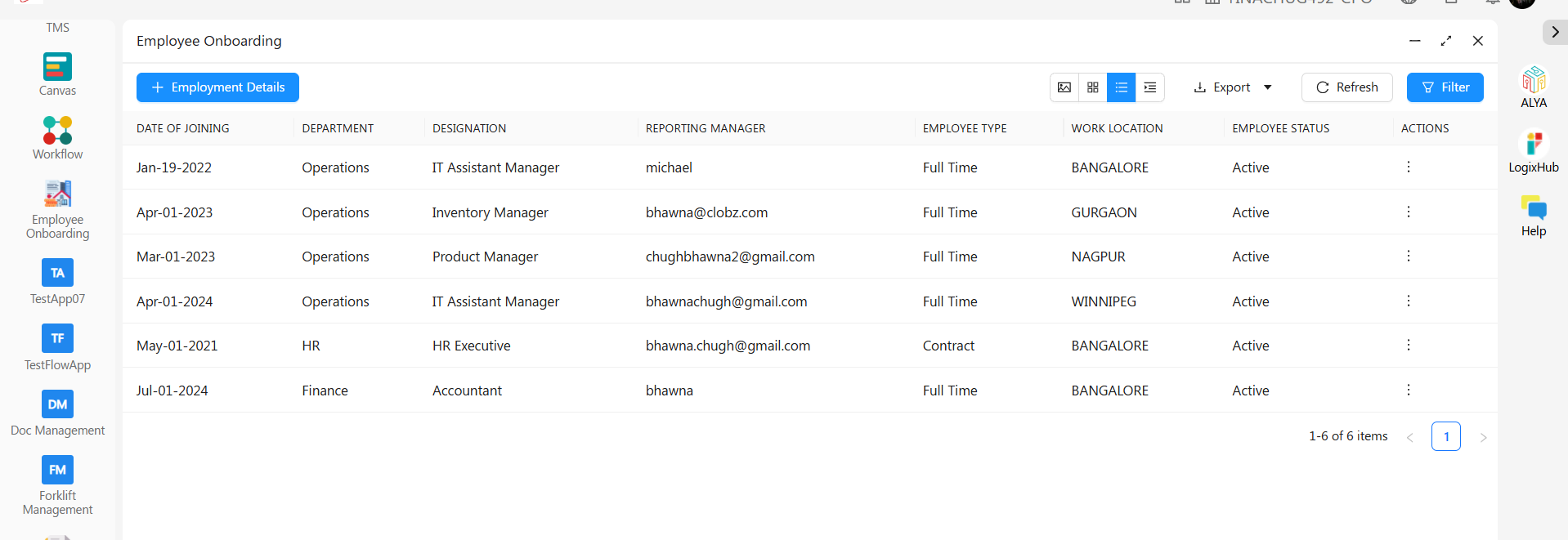 Employment Details record list in LogixFlow showing new hires grouped by department and status