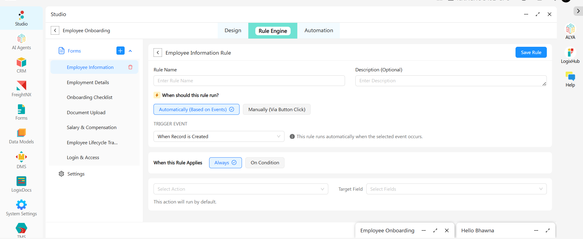 Rule Engine in LogixFlow Studio defining an onboarding rule, with options to run automatically on a trigger event or manually via a button click