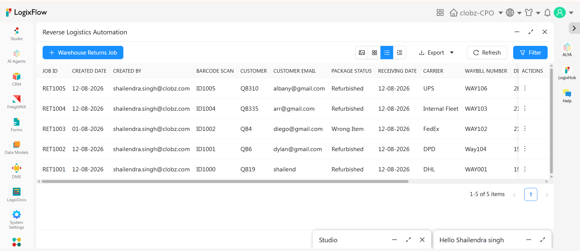 Reverse Logistics 3 Warehouse Returns Job Form record list showing scanned returns grouped by job status