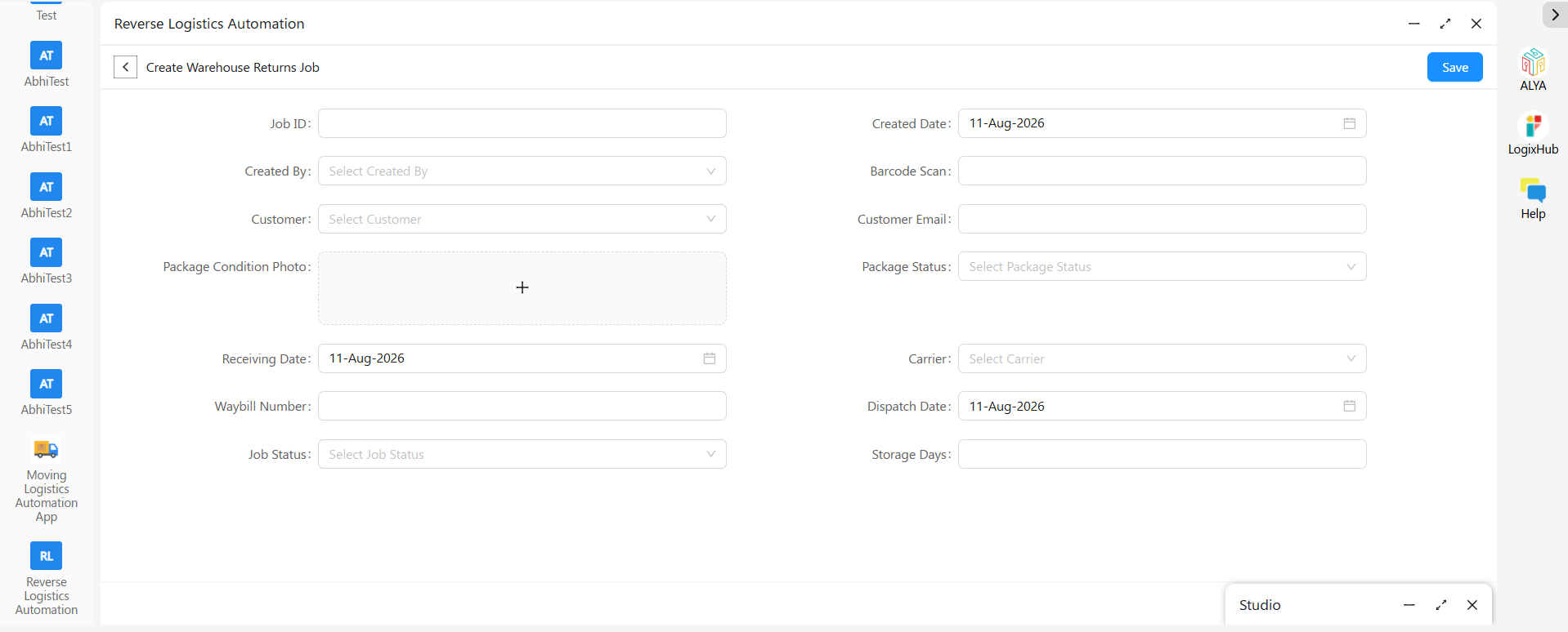 Reverse Logistics 2 Warehouse Returns Job Form in the Reverse Logistics app, showing job ID, barcode, customer details, condition photo, and package status