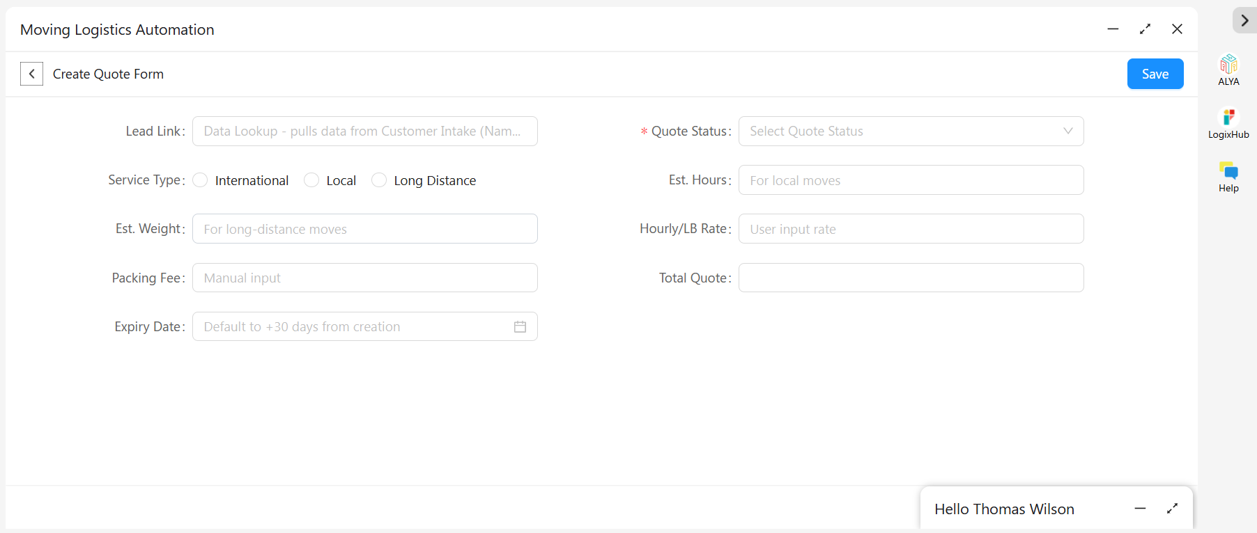 Moving Business 3 Create quote form in Moving Logistics app
