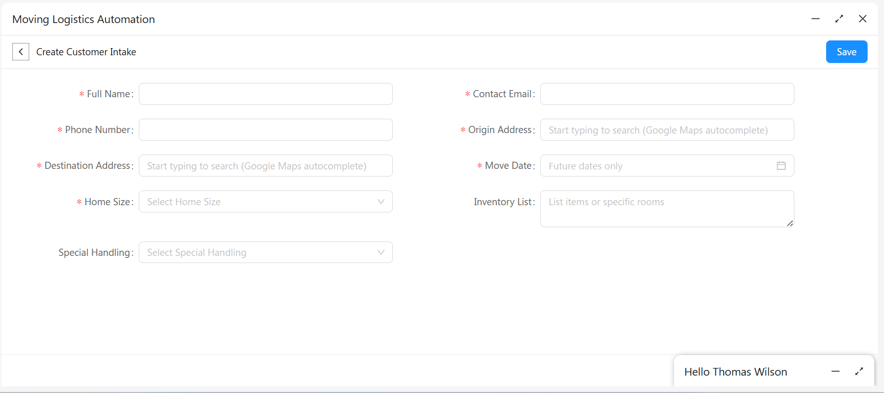 Moving Business 2 Customer Intake form in Moving Logistics app