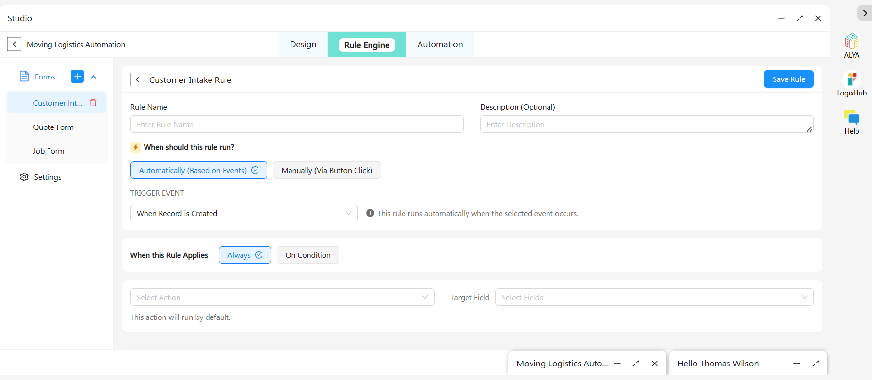 Moving Business 6 Rule engine configuration panel