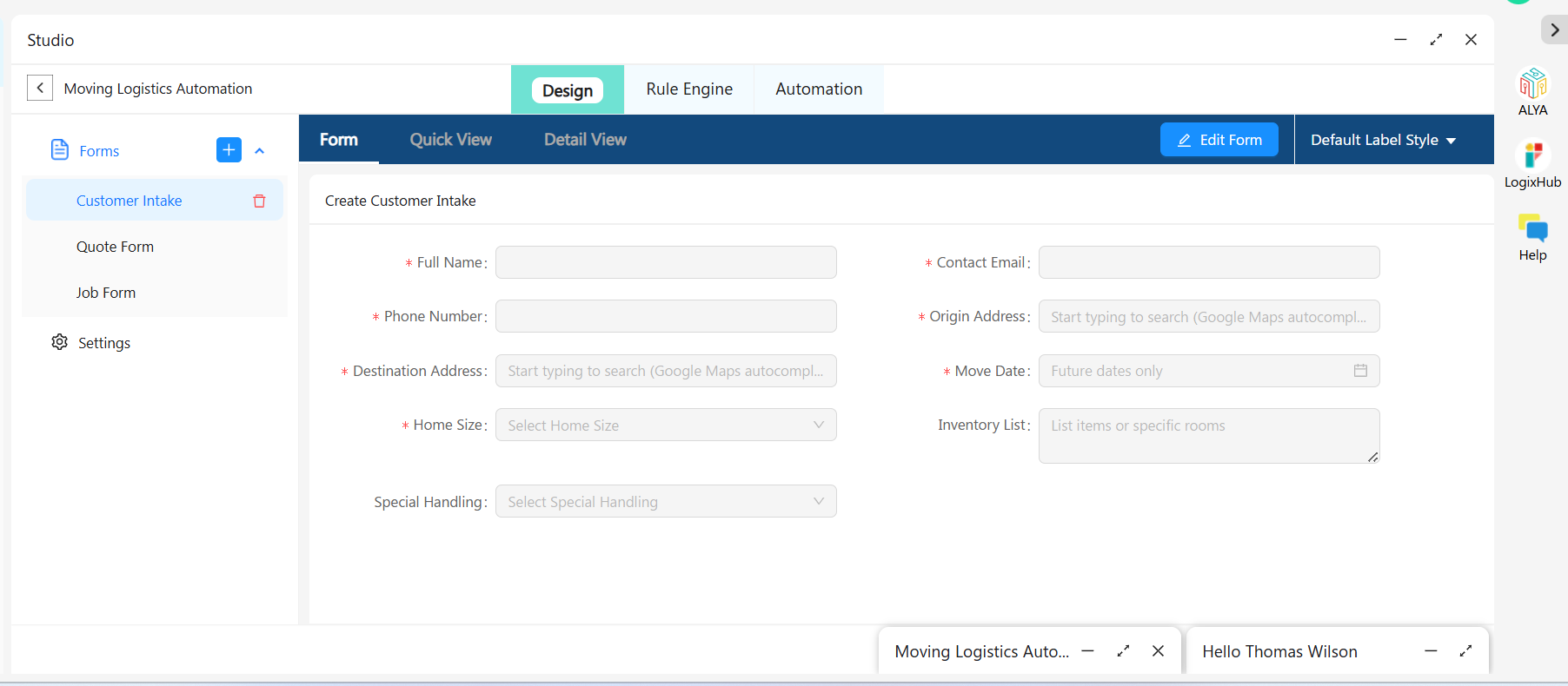 Moving Business 5 App designer panel in Moving Logistics app