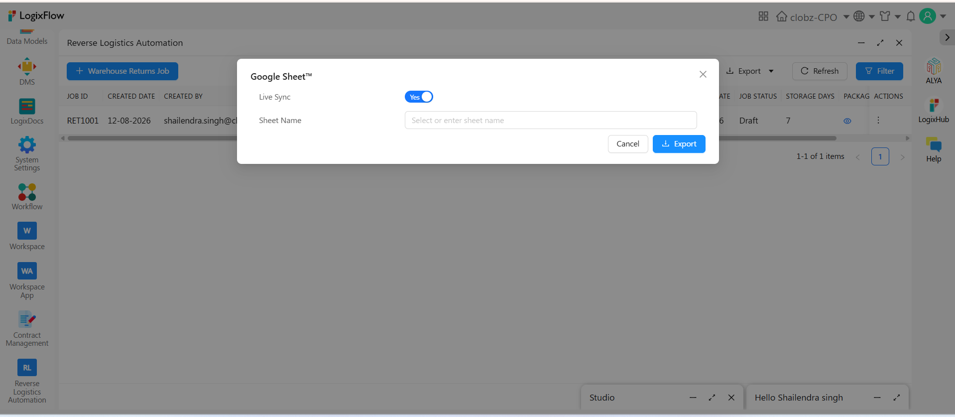 Reverse Logistics 8 Google Sheets live export configuration inside the LogixFlow automation builder