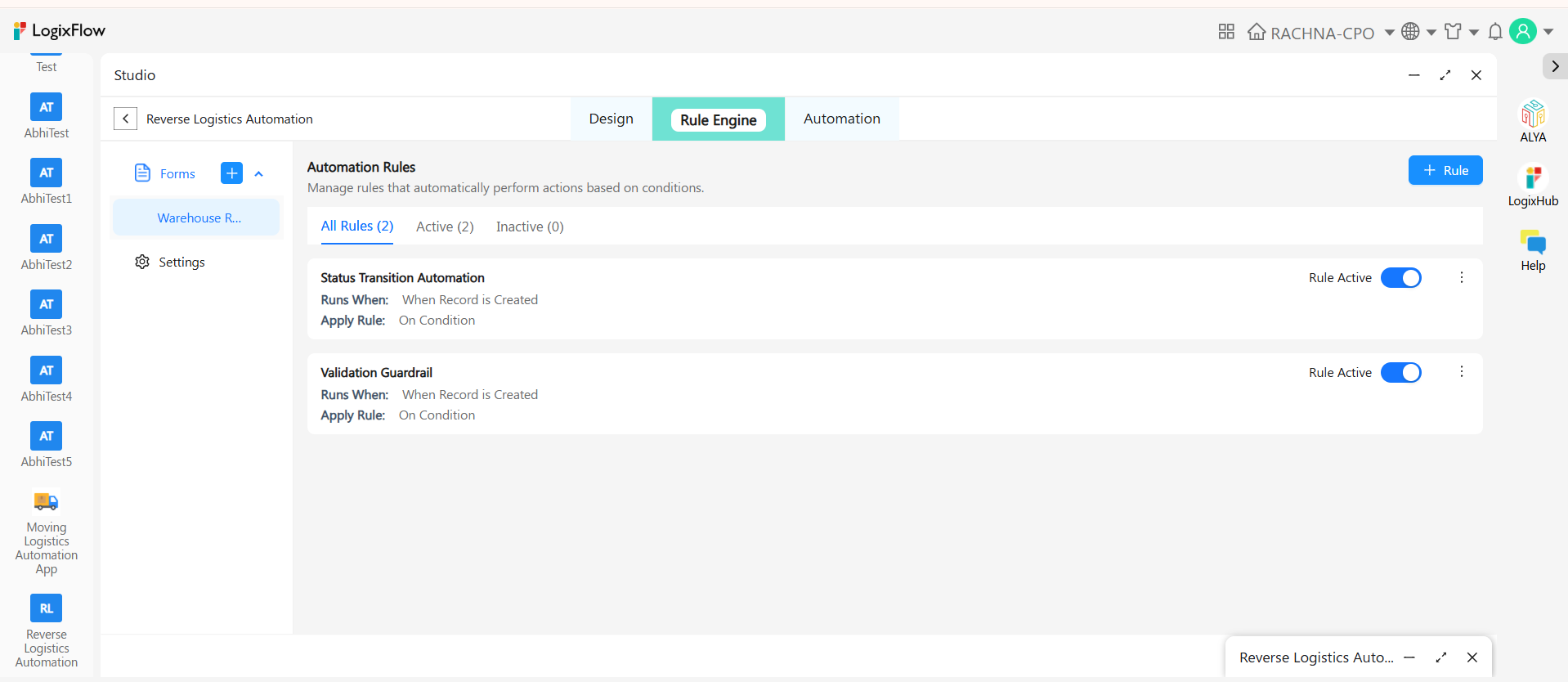 Reverse Logistics 6 Rule Engine in LogixFlow Studio defining a returns rule, with options to run automatically on a trigger event or manually via a button click