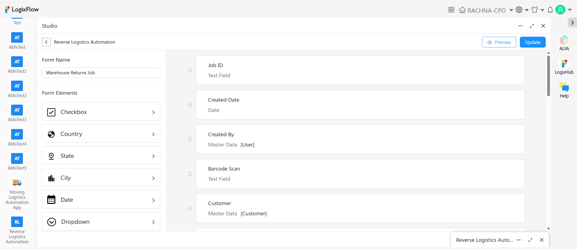 Reverse Logistics 5 Design tab of LogixFlow Studio with the Warehouse Returns Job Form open for editing