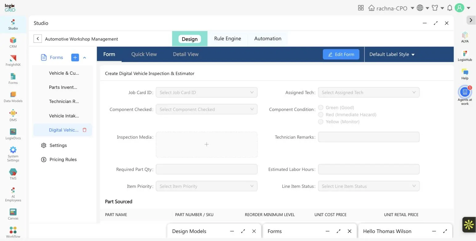 Digital Vehicle Inspection and Estimator form in LogixFlow showing Component Checked, Component Condition Green Yellow Red, Inspection Media and Part Sourced lines