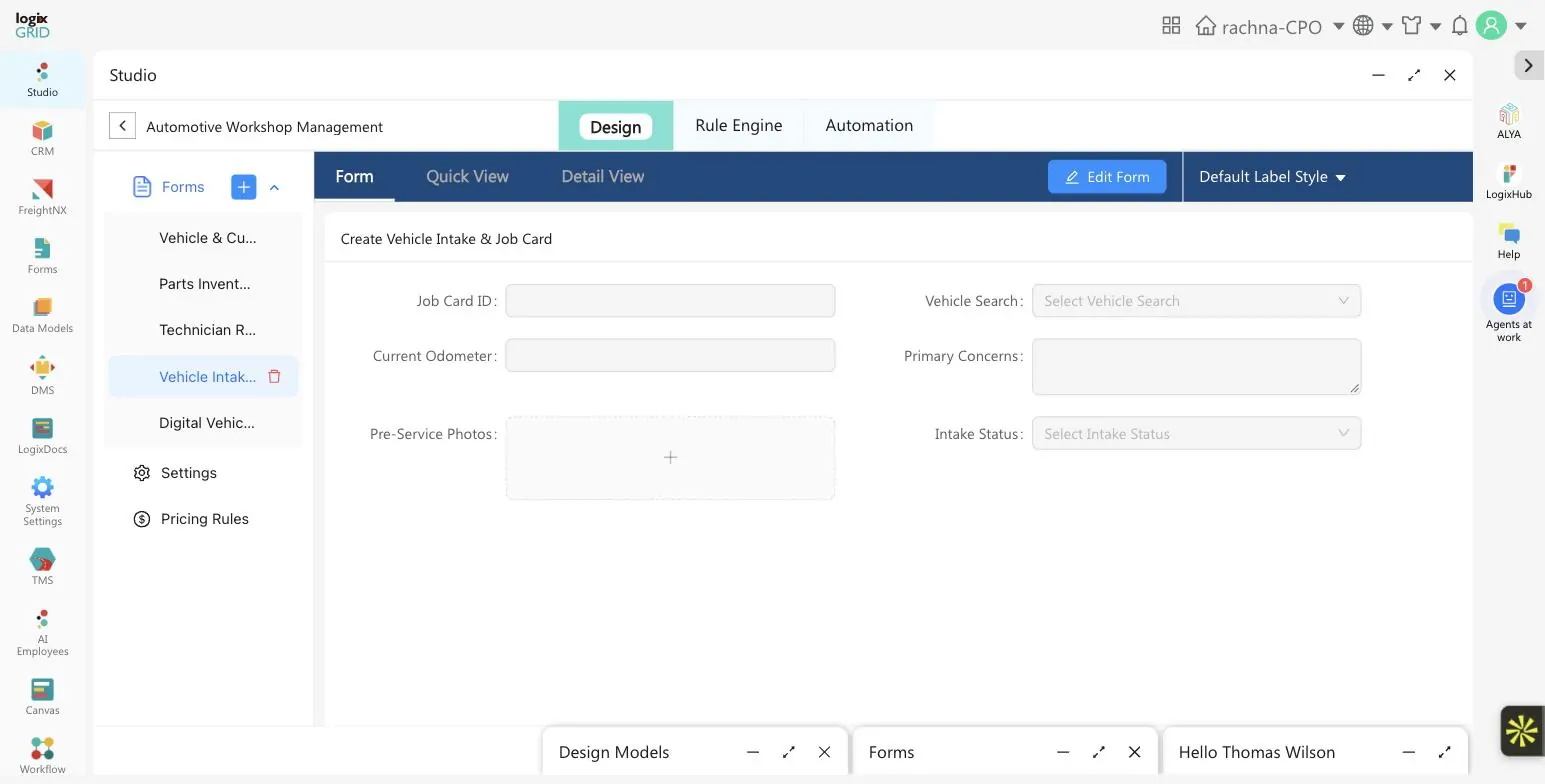 Vehicle Intake and Job Card form in LogixFlow showing Job Card ID, Vehicle Search, Current Odometer, Primary Concerns, Pre-Service Photos and Intake Status