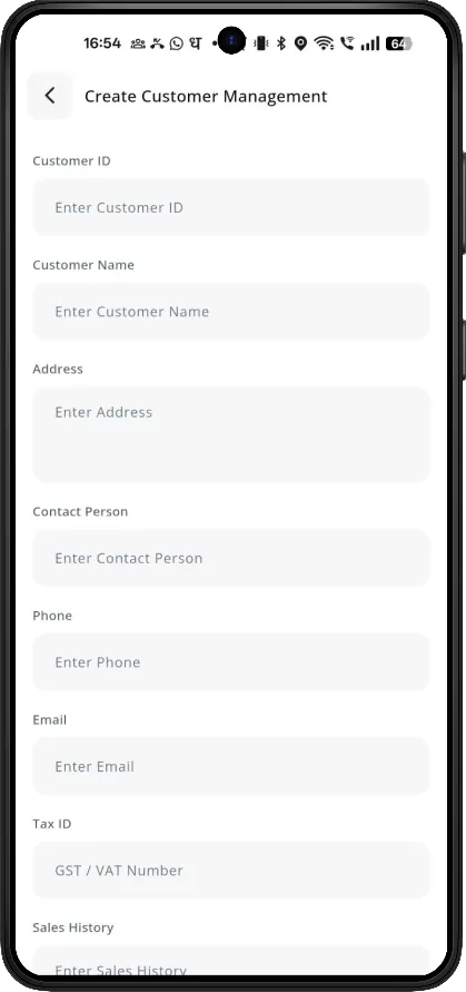 screenshot of the Create Customer Management form showing Customer ID, Customer Name, Address, Contact Person, Phone, Email, Tax ID, Sales History and Service History