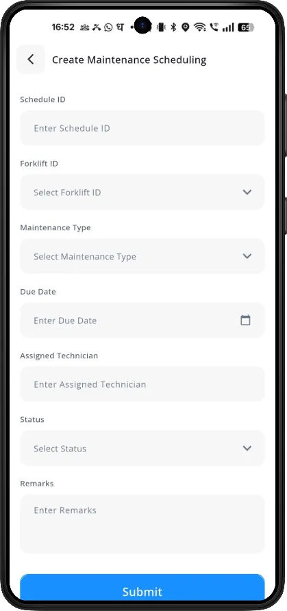 screenshot of the Create Maintenance Scheduling form showing Schedule ID, Forklift ID, Maintenance Type, Due Date, Assigned Technician, Status and Remarks