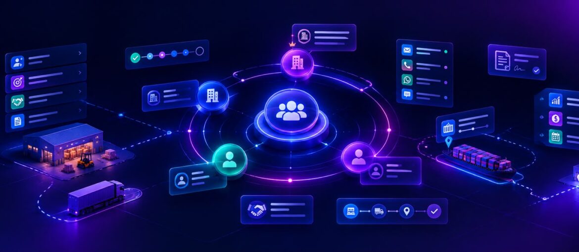 Logistics CRM dashboard connecting customers, warehouses, trucks and shipments around a central contact hub