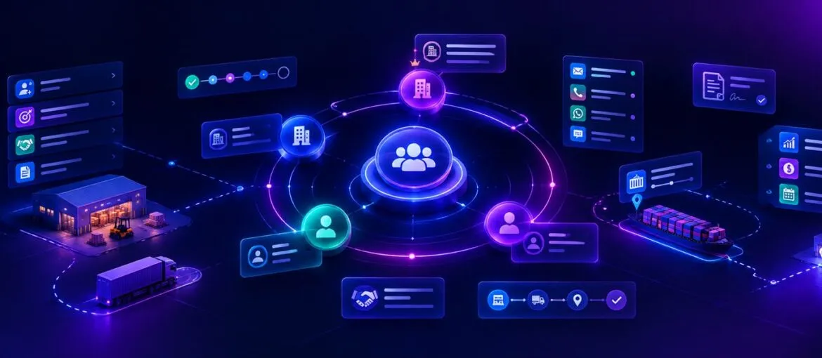 Logistics CRM: What to Look For 1 Logistics CRM dashboard connecting customers, warehouses, trucks and shipments around a central contact hub