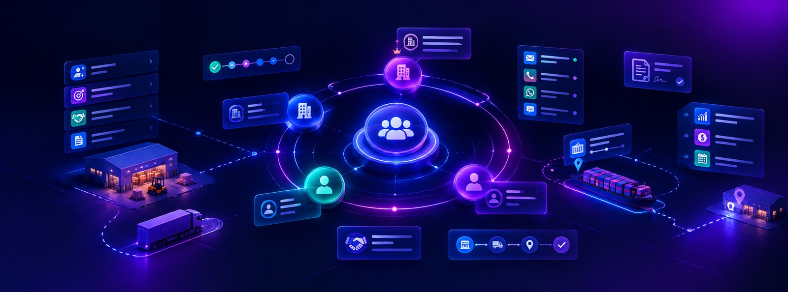 Logistics CRM dashboard connecting customers, warehouses, trucks and shipments around a central contact hub
