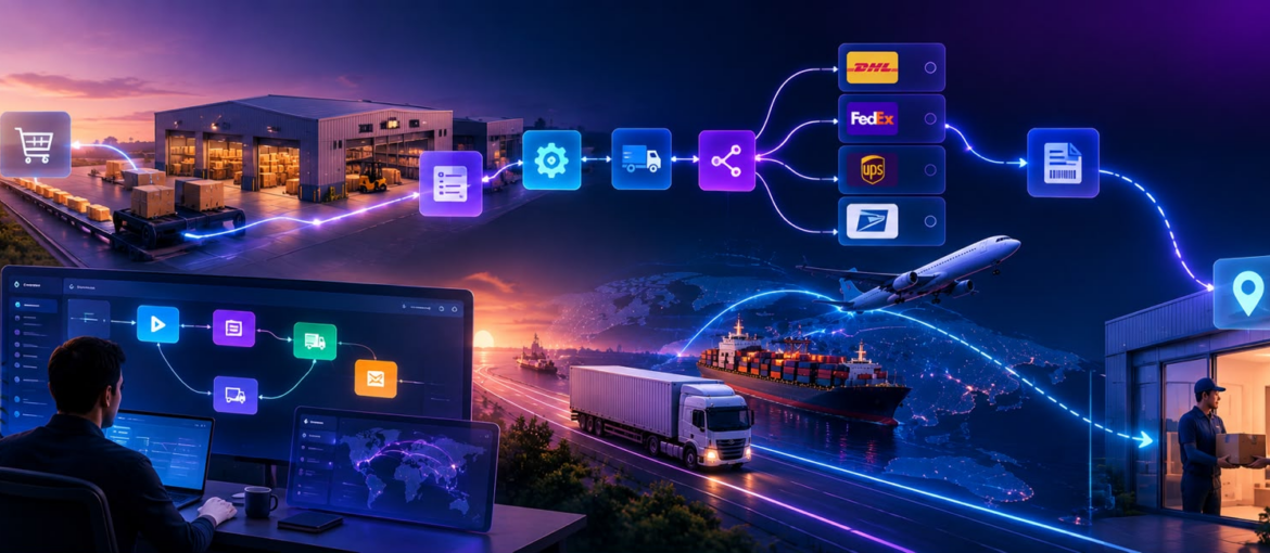 What Is No-Code Workflow Automation for Logistics? 1 No-code logistics workflow automation connecting warehouse orders, carriers like DHL, FedEx and UPS, and last-mile delivery