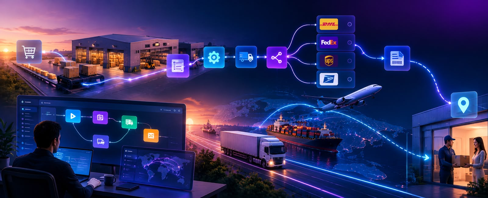 No-code logistics workflow automation connecting warehouse orders, carriers like DHL, FedEx and UPS, and last-mile delivery